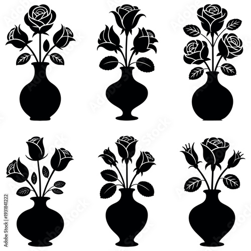 Set of black silhouette rose bouquets in various vases, elegant floral arrangements isolated on white background, decorative art