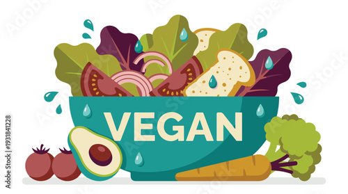 Vibrant Vegan Salad Bowl Illustration with Fresh Vegetables and Healthy Ingredients