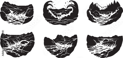 Black Solid Whitewater Mountain Rapid Silhouettes Set of Six on White Background