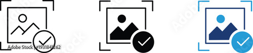 Image frame with checkmark icon showing verified photo and content approval. Creative illustration for digital asset management, picture validation, gallery security, and portfolio quality assurance.