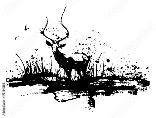 Majestic antelope in the wild field rendered in dramatic ink splatter grunge style