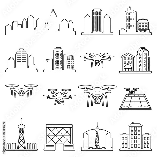 Set of city skyline and drone delivery icons in outline style featuring urban landscapes skyscrapers and quadcopters for logistics technology and smart city concept illustrations