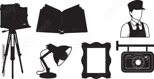 Black Solid Vintage Photo Shop Silhouettes Set of Six on White Background