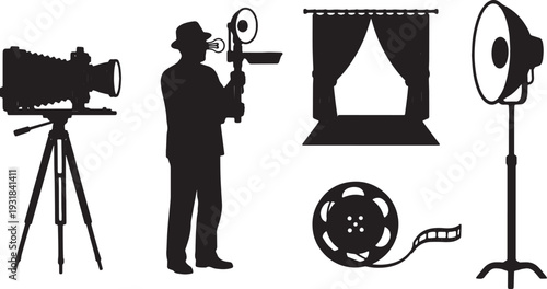 Black Solid Vintage Photography Studio Silhouettes Set of Six on White Background