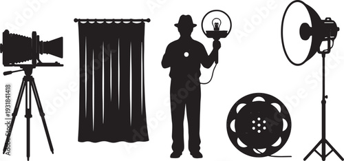 Black Solid Vintage Photography Studio Silhouettes Set of Six on White Background