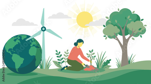 Sustainable Future: Woman Planting Tree with Earth and Renewable Energy