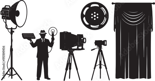 Black Solid Vintage Photography Studio Silhouettes Set of Six on White Background