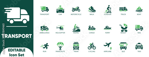Transport Solid Icon Set. car, transportation, walk, motorcycle, bus,boat, scooter, taxi, and editable icons.
