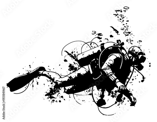 Deep sea scuba diver silhouette with expressive black ink splatters and bubbles