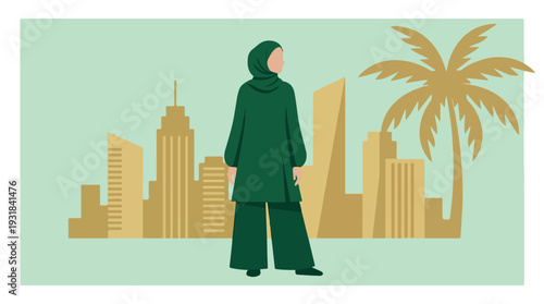Woman in green hijab looking over a modern city skyline with palm tree