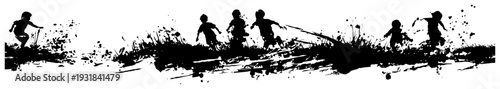 Silhouettes of children playing and running together in a grungy ink splash banner style