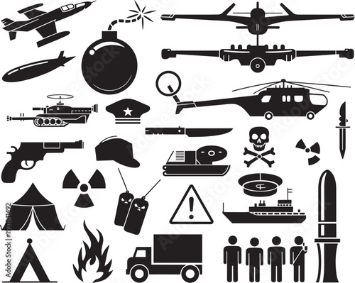 Comprehensive Military Icons Set with Weapons Vehicles and Symbols Vector Pack