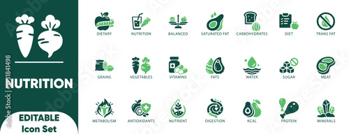 Nutrition Solid Icon Set. editable, metabolism, planning, fats, balanced, health, and fitness designs.