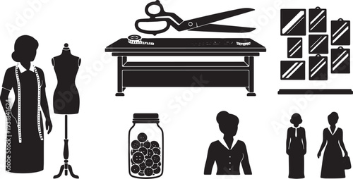 Black Solid Vintage Tailor Atelier Silhouettes Set of Six on White Background