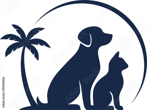 Stylized illustration of a blue dog and cat and a coconut tree