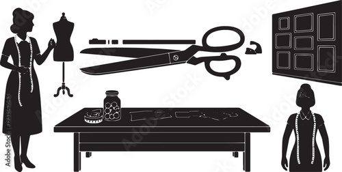 Black Solid Vintage Tailor Atelier Silhouettes Set of Six on White Background