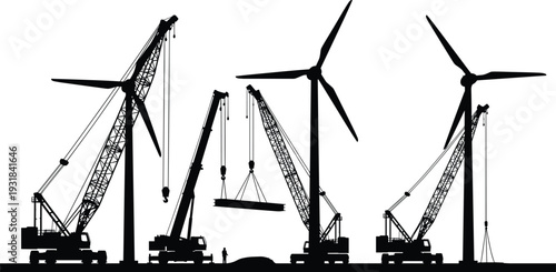 Wind turbine installation silhouette vector illustration, cranes constructing renewable energy power plant, sustainable electricity generation industry concept