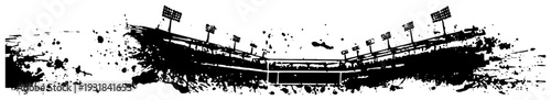 Sports stadium arena silhouette with floodlights in a grungy artistic ink splash banner