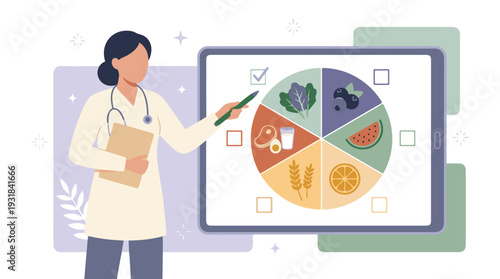 Nutritionist showing healthy food guide on digital tablet to client