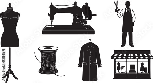 Black Solid Vintage Tailor Shop Silhouettes Set of Six on White Background