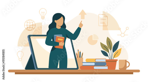 Virtual online teacher presenting lesson from laptop with education and business icons