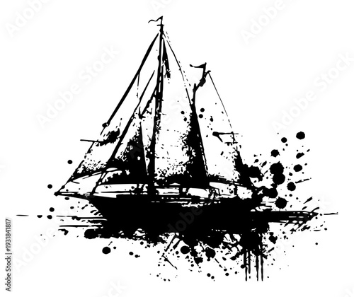 Vintage sailing ship vessel in dramatic black ink splatter and grunge style