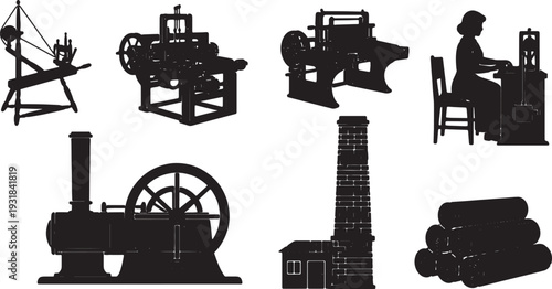 Black Solid Vintage Textile Mill Silhouettes Set of Six on White Background