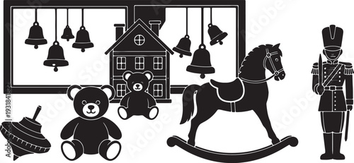 Black Solid Vintage Toy Shop Silhouettes Set of Six on White Background