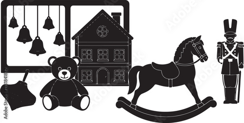 Black Solid Vintage Toy Shop Silhouettes Set of Six on White Background