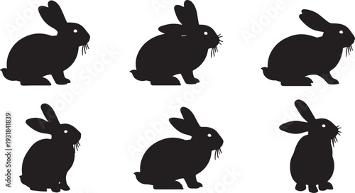 Black Solid Wind Listening Bunny Silhouettes Set of Six on White Background