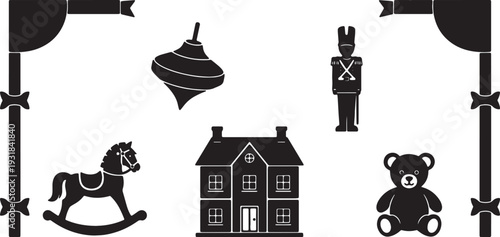 Black Solid Vintage Toy Store Silhouettes Set of Six on White Background