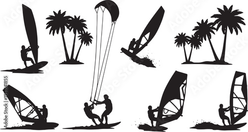 Black Solid Windsurf and Kitesurf Palm Silhouettes Set of Six on White Background