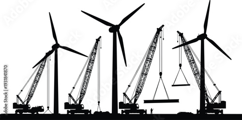 Wind turbine installation silhouettes with cranes, renewable energy construction site vector illustration isolated on white background sustainable power generation concept