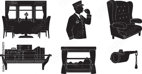 Black Solid Vintage Train Interior Silhouettes Set of Six on White Background