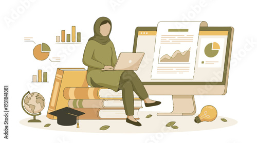 Young woman in hijab using laptop for online education and data analysis