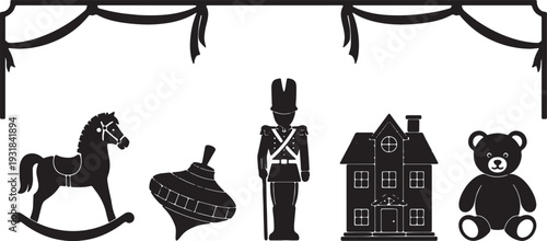 Black Solid Vintage Toy Store Silhouettes Set of Six on White Background