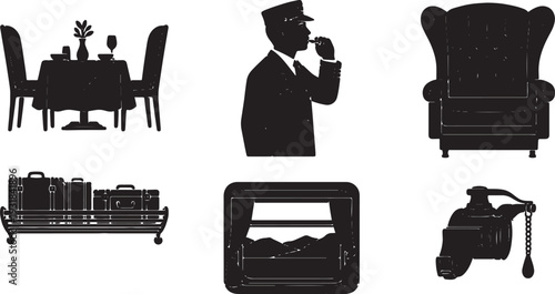 Black Solid Vintage Train Interior Silhouettes Set of Six on White Background