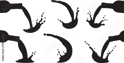 Black Solid Wine Pour Silhouettes Set of Six on White Background