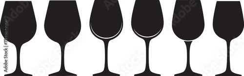 Black Solid Wine Glass Silhouettes Set of Six on White Background