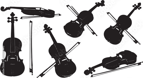 Black Solid Violin Silhouettes Set of Six on White Background