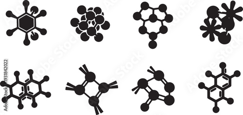 Black Solid Vitamin Nutrient Molecular Silhouettes Set of Six on White Background