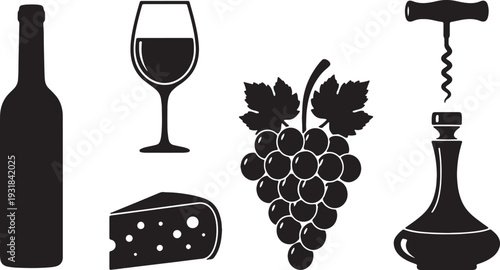 Black Solid Wine and Cheese Silhouettes Set of Six on White Background