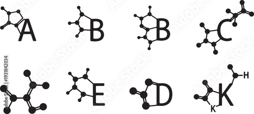 Black Solid Vitamin ABCDE Molecular Silhouettes Set of Six on White Background