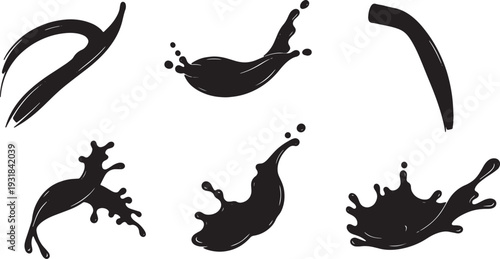 Black Solid Wine Pour Silhouettes Set of Six on White Background