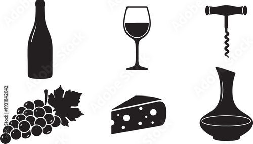 Black Solid Wine and Cheese Silhouettes Set of Six on White Background