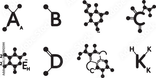 Black Solid Vitamin ABCDE Molecular Silhouettes Set of Six on White Background
