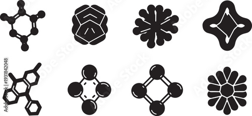 Black Solid Vitamin Nutrient Molecular Silhouettes Set of Six on White Background