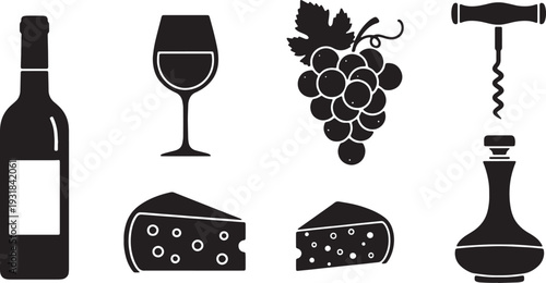 Black Solid Wine and Cheese Silhouettes Set of Six on White Background