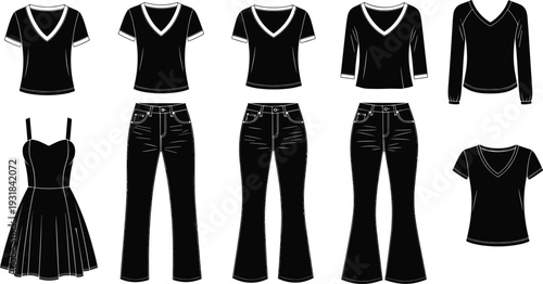 Women black clothing collection vector illustration, t shirts jeans and dress silhouette apparel set isolated on background