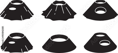 Black Solid Volcanic Caldera Rim Silhouettes Set of Six on White Background